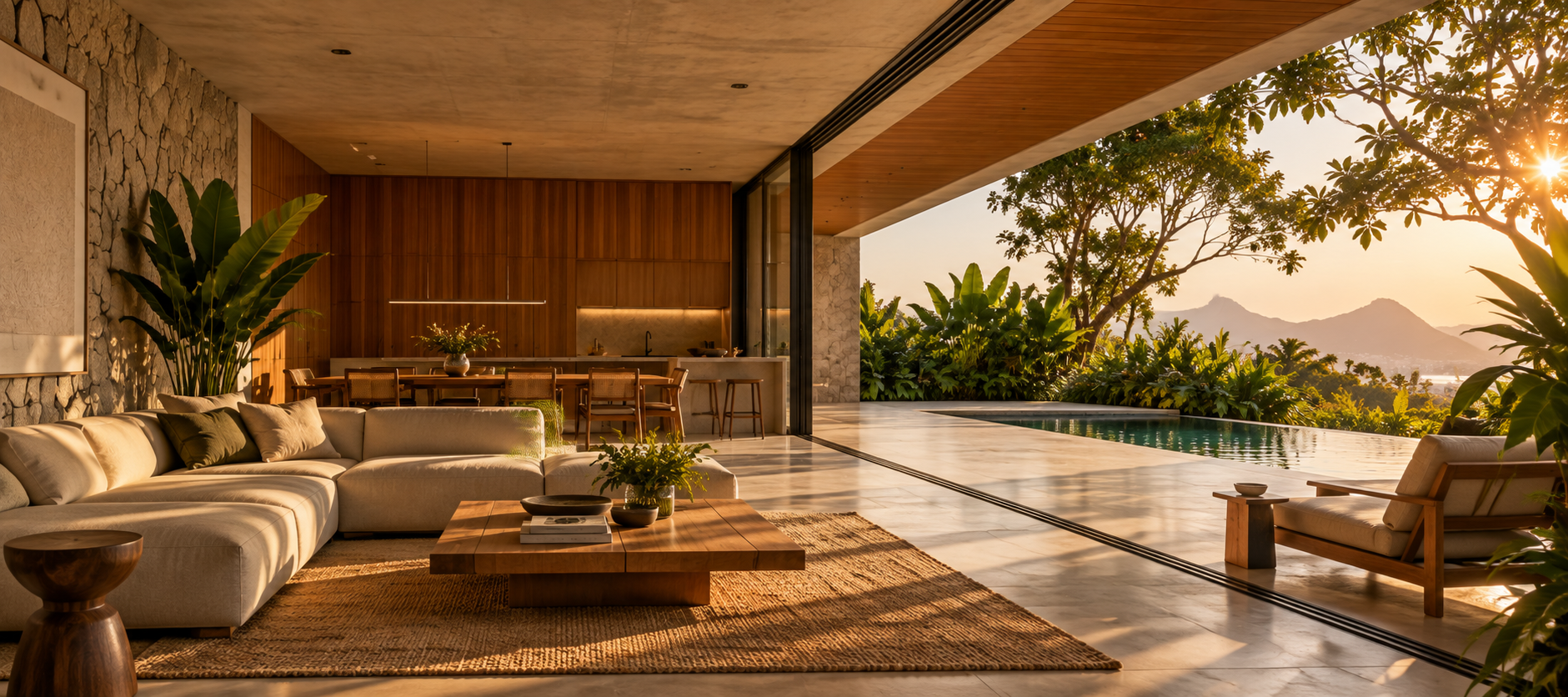 Imagem conceitual de interior residencial contemporâneo integrado à paisagem e à vegetação