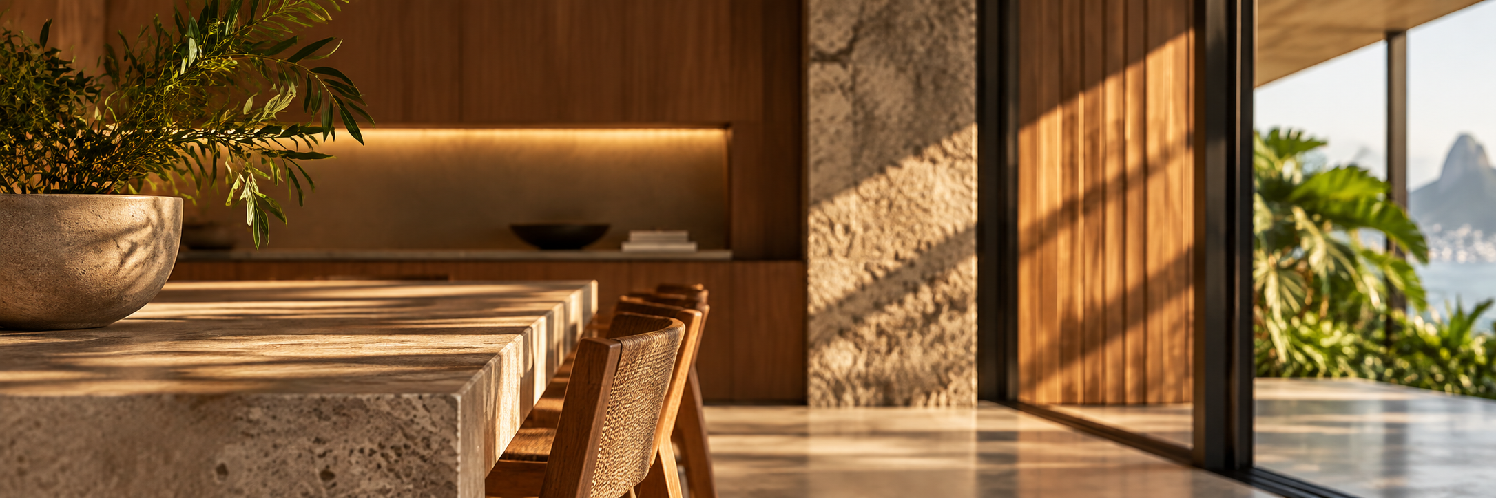 Imagem conceitual de interior residencial contemporâneo com madeira, pedra e luz natural